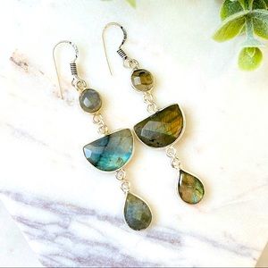 Natural Labradorite Earrings in Sterling Silver Long Dangle
